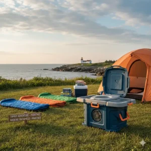 A family-sized toilet portable camping kit featuring easy-clean surfaces for multi-day trips in the Maritimes.