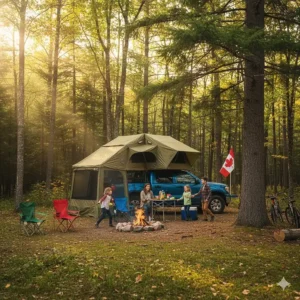 A large multi-person pickup camping tent used by a family at a provincial park campsite in Ontario.