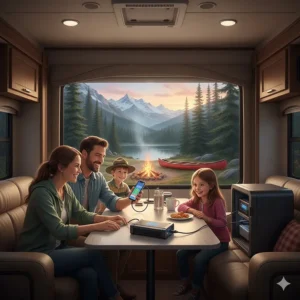 A family camping at a Parks Canada site using a camper power inverter to charge smartphones and a portable fridge.