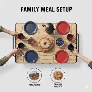 Top-down illustration of a family-sized camping table set for a meal in the Canadian wilderness.