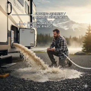 Using a wand tool to flush sediment out of a suburban or atwood camper hot water tank.