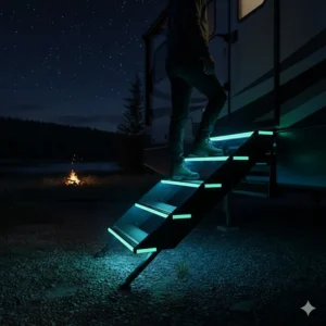 Illustration of camper stairs with LED lighting or glow strips for safe entry during dark Canadian nights.