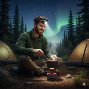 Illustration of a camper using a hands-free camping headlamp to cook over a portable stove in the BC wilderness.