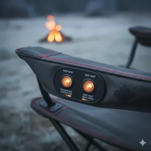 Close-up of the dual-zone heating controls on a portable chair, perfect for cold Canadian nights.