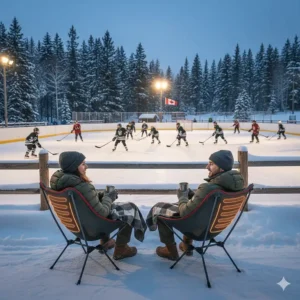 Two people using heated camping chairs to stay warm while watching an outdoor community hockey game in Canada.