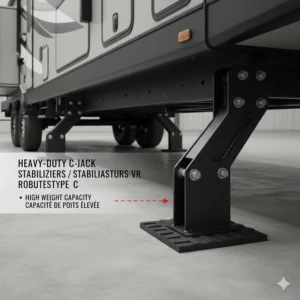 Illustration of C-style heavy-duty camper stabilizer jacks with a high weight capacity for large fifth-wheel trailers.