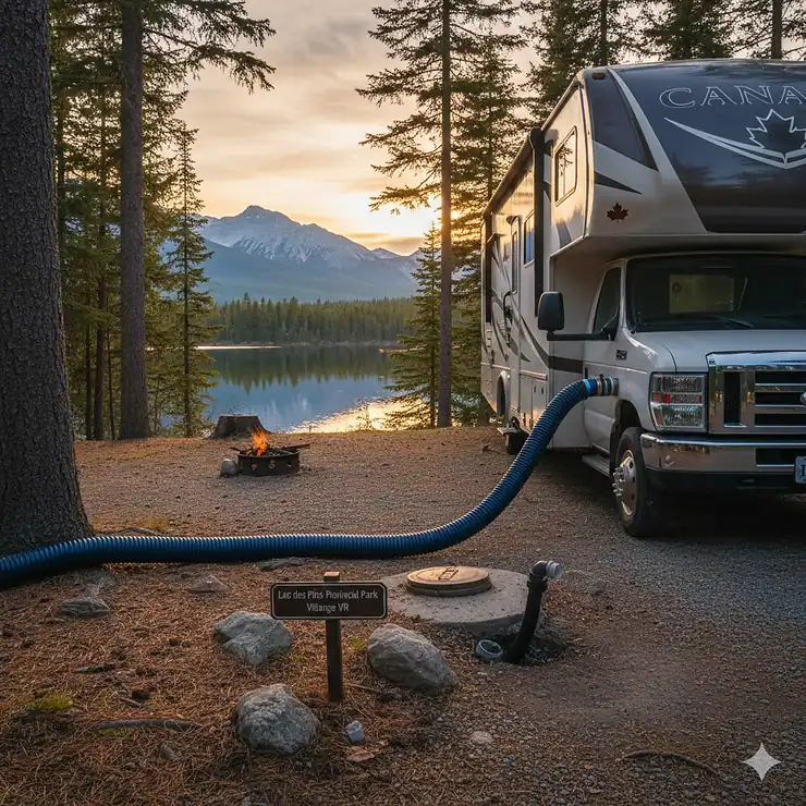 A heavy-duty camper sewer hose connected to a Class C motorhome at a scenic Canadian provincial park campsite.