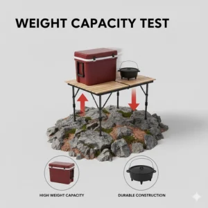 Heavy-duty camping table camping accessory showing high weight capacity for large coolers and cooking gear.