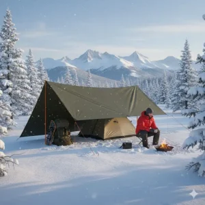 A heavy-duty camping tarp used as a windbreak for a winter basecamp in the snowy Laurentian Mountains of Quebec.