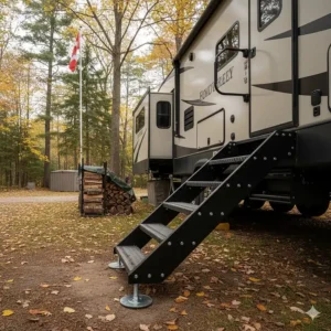 Heavy-duty steel camper stairs with a high weight capacity, suitable for long-term seasonal camping in Ontario.
