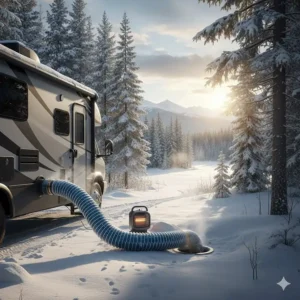 Illustration of an insulated camper sewer hose designed for winter RVing in cold Canadian climates.