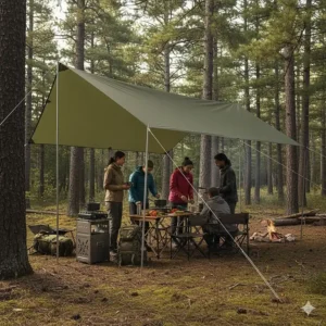 A large rectangular camping tarp creating a dry communal cooking area for a group of hikers in Algonquin Park.
