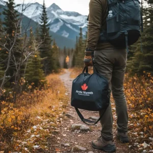 A compact, folded heated camping chair in its carrying bag, ready for a Canadian backcountry hike.