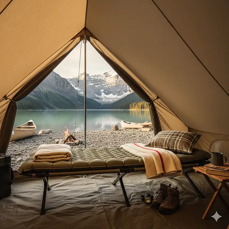 A durable lit de camp set up inside a canvas tent during a summer camping trip in the Canadian Rockies.