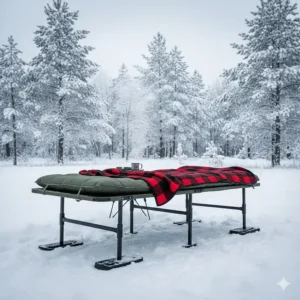 An insulated lit de camp raised off the snowy ground, ideal for winter camping in Quebec.