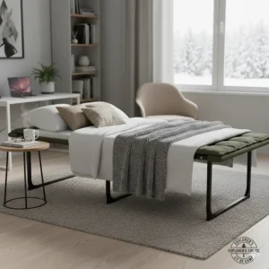 A versatile lit de camp styled as an extra guest bed in a contemporary Canadian home office.