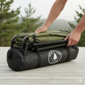 Lightweight lit de camp being folded into a compact carrying bag for easy transport.