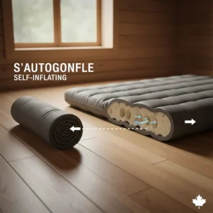 Technical illustration of a self-inflating matelas pour camping for quick setup at the campsite.