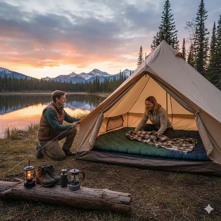 A comfortable matelas pour camping laid out inside a tent with a view of the Canadian wilderness.