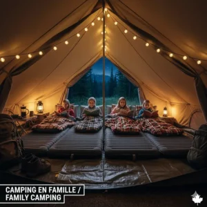 Interior view of a family tent featuring multiple matelas pour camping for a comfortable outdoor sleep.