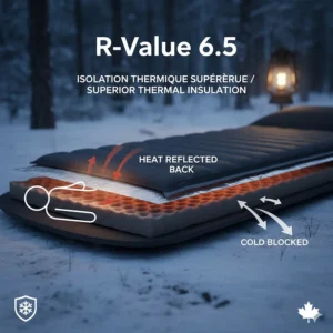 Infographic showing the high R-value insulation of a matelas pour camping to prevent heat loss.