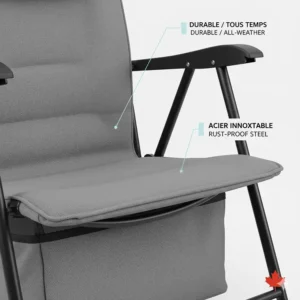 Close-up of weather-resistant fabric and steel frame of a Canadian-grade camping rocking chair.