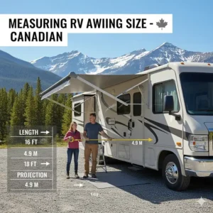 Illustration showing how to measure a camper awning replacement in feet and meters for Canadian RV owners.