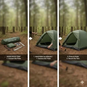 High-detail view of an easy-to-assemble tente camping being pitched on a Canadian campsite.