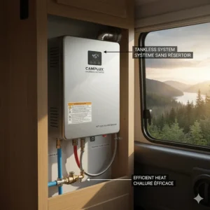 An energy-efficient tankless on-demand hot water heater installed in a Canadian camper van.
