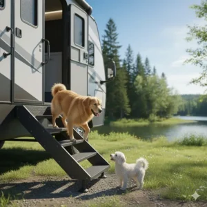 A dog-friendly camper stairs design featuring wide treads and high-traction surfaces for pets.