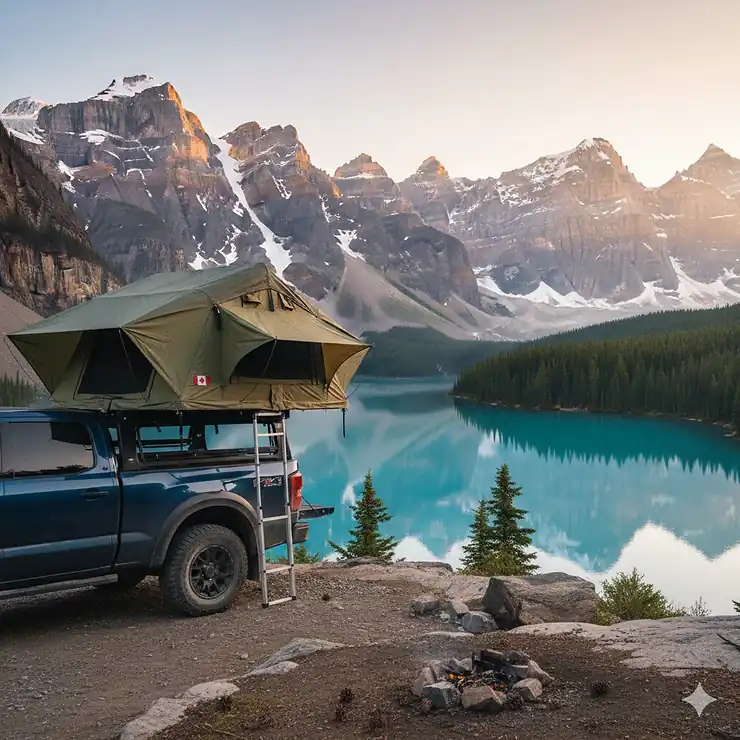 A premium pickup camping tent mounted on a 4x4 truck overlooking a lake in the Canadian Rockies at sunrise.