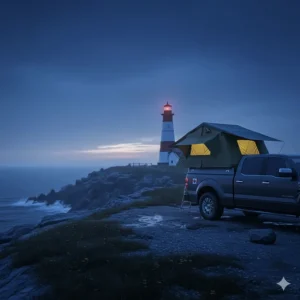 A compact pickup camping tent parked near a lighthouse on the Nova Scotia coast during blue hour.