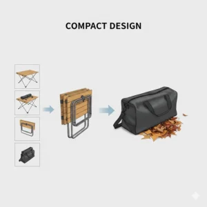 Illustration showing the compact, foldable design of a portable camping table for easy transport in a car or SUV.
