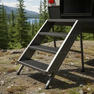 Illustration of portable folding camper stairs with anti-slip grip, ideal for uneven Canadian terrain.