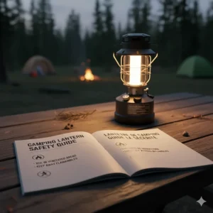 Illustration of a portable LED camping lantern with a built-in power bank for charging devices during Canadian wilderness trips.