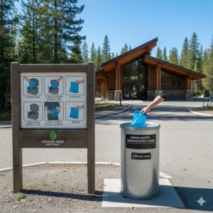Guide showing proper waste bag disposal for a toilet portable camping unit at a Canadian park station.