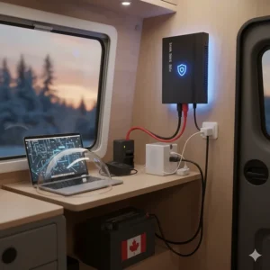 Illustration highlighting pure sine wave technology in a camper power inverter to protect sensitive electronics from power surges.