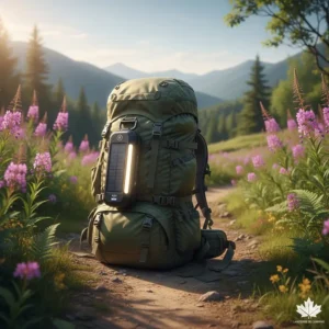 Infographic showing a long-lasting rechargeable camping lantern perfect for multi-day trekking in Algonquin Provincial Park.