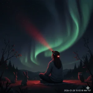 Illustration of the red light mode on a camping headlamp to preserve night vision while stargazing.