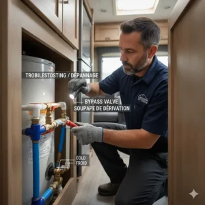 A technician inspecting a camper hot water tank bypass valve system inside a recreational vehicle.