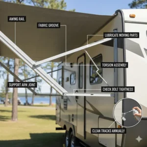 Technical drawing of camper awning replacement hardware and support arms for a travel trailer.