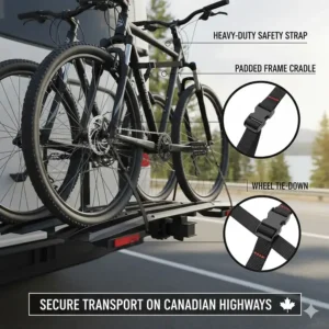 Close-up diagram of heavy-duty safety straps on a camper bike rack for secure transport on Canadian highways.