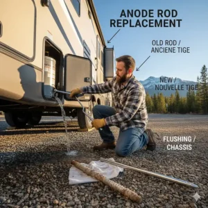 Replacing a sacrificial anode rod in a camper hot water tank to prevent corrosion from hard water.