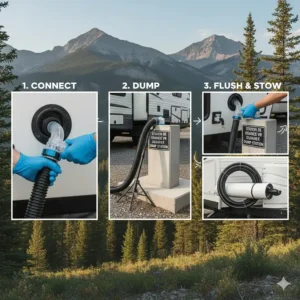 Step-by-step graphic of a camper sewer hose connecting securely to a standard Canadian sanitary dump station.