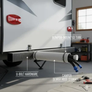 Diagram showing how to store a camper sewer hose in a bumper-mounted carrier on a travel trailer.