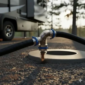 Close-up illustration of a transparent elbow adapter for a camper sewer hose to monitor tank flow.