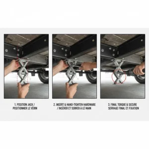 Step-by-step illustration of how to bolt camper stabilizer jacks to a trailer chassis for maximum stability.
