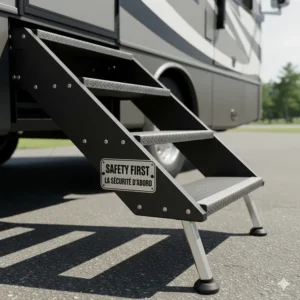 Graphic showing camper stairs with bilingual labeling: "Safety First / La sécurité d'abord" for the Quebec and National market.