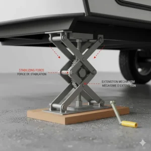 Diagram of scissor-style camper stabilizer jacks showing the extension mechanism for RV leveling.