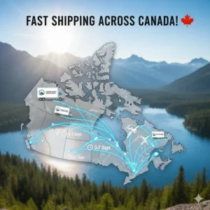 Map of Canada showing fast shipping routes for a camper awning replacement from BC to Newfoundland.